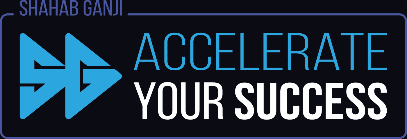 Logo featuring the name 'Shahab Ganji' above a stylised 'SG' icon resembling a fast-forward symbol, accompanied by the tagline 'Accelerate Your Success' in bold text, symbolising motivation and forward momentum.